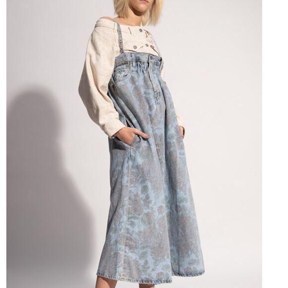 GANNI x Levi's Rare Faded Floral Print Vintage Denim Jean Distressed Midi Dress - Picture 1 of 16